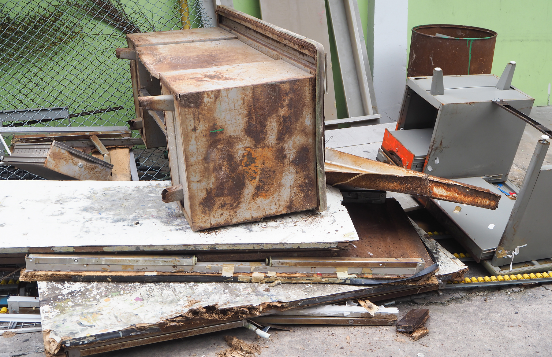 Rusty old desks and assorted office junk